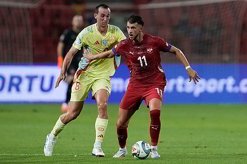 2024-25 Nations League Football Serbia vs Spain: Spain's Fabian Ruiz challenges for the ball with Serbia's Lazar Samardzic